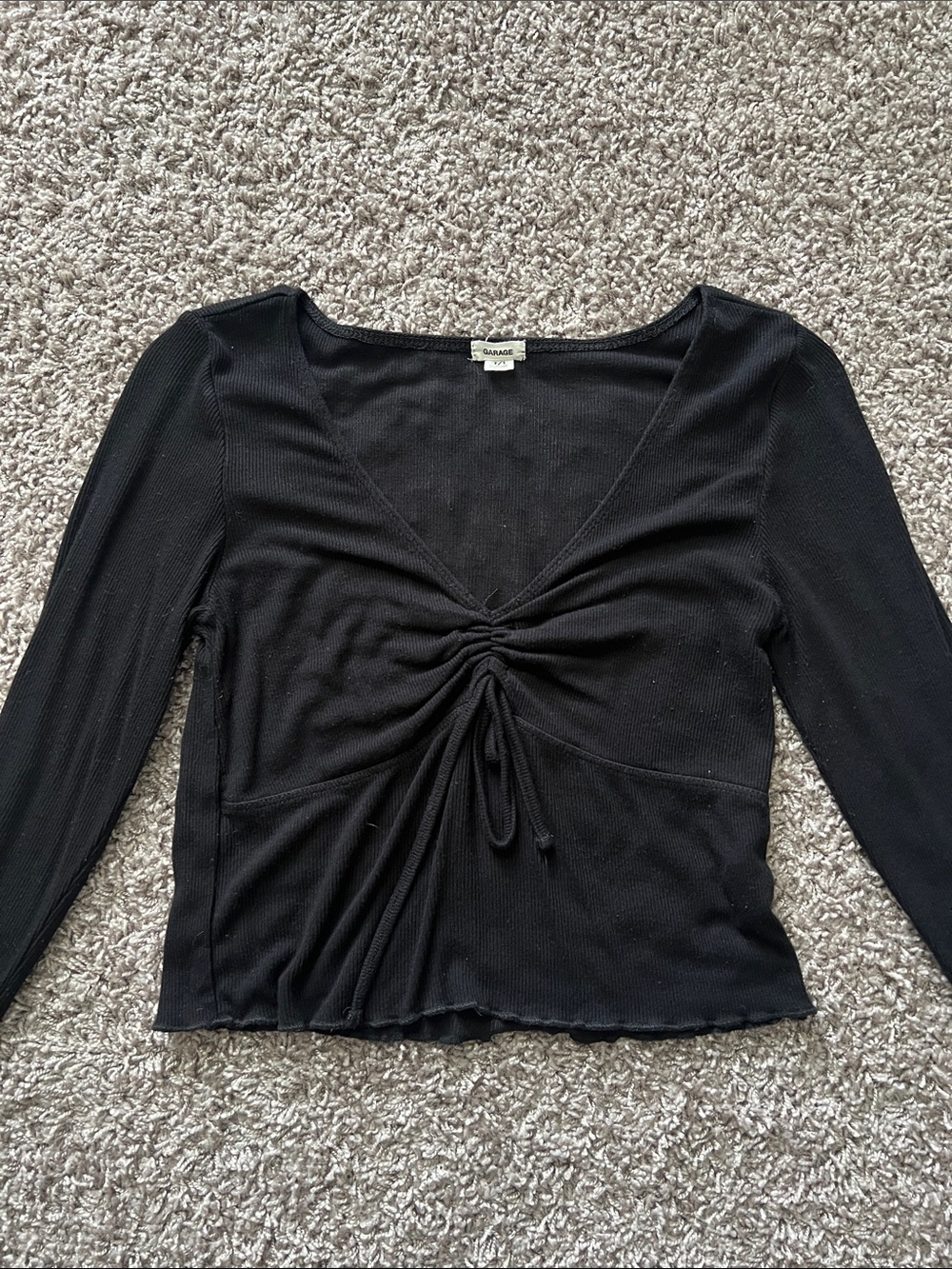 Garage Black Ruched Tie-Front Long Sleeve Top
